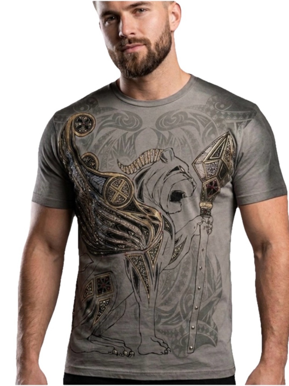 Konquest Griffin King Swarovski Studded Men Grey Shirt Sleeve Shirt Size Medium